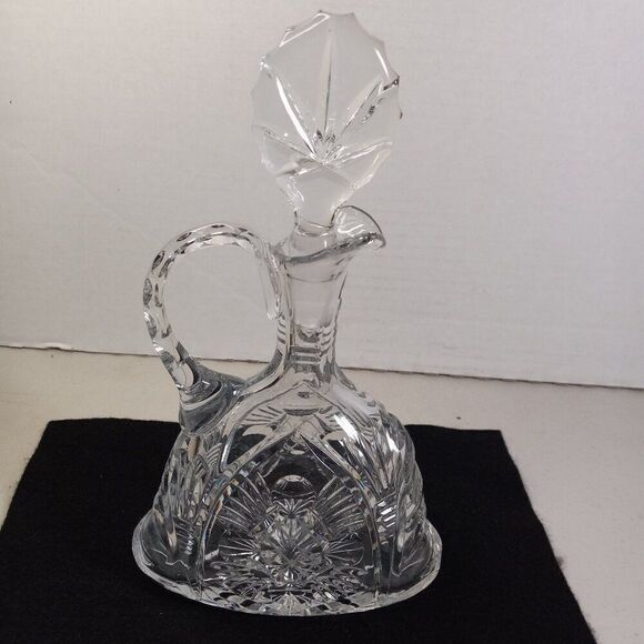 Clear Crystal Decanter with Handle large Flat Shaped Stopper Barware Cottagecore - Picture 3 of 9